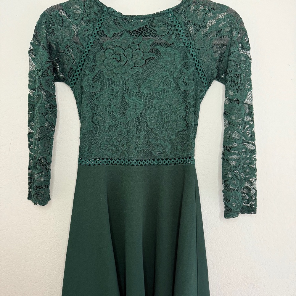 B Darlin Forest Green Lace Skater Dress – Size S | Sheer Lace Top • Tie-Back Bow